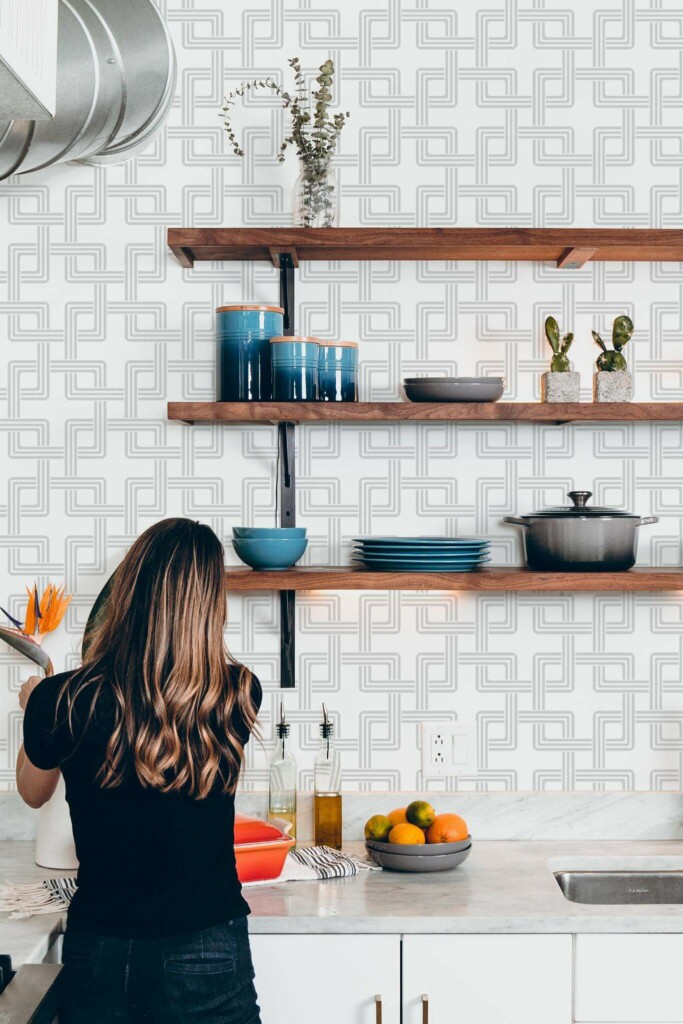 Modern Rustic style kitchen decorated with Geometric square peel and stick wallpaper