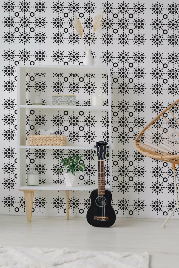 Minimal boho style living room decorated with Geometric star peel and stick wallpaper