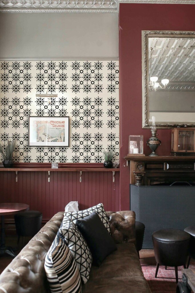 Rustic traditional style living room decorated with Geometric star peel and stick wallpaper