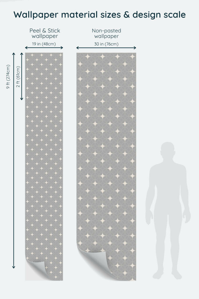 Size comparison of Geometric stars Peel & Stick and Non-pasted wallpapers with design scale relative to human figure