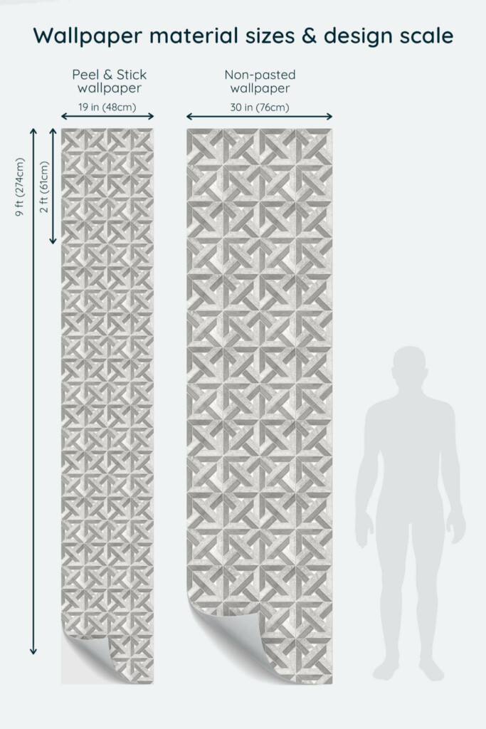 Size comparison of Geometric stone tile Peel & Stick and Non-pasted wallpapers with design scale relative to human figure
