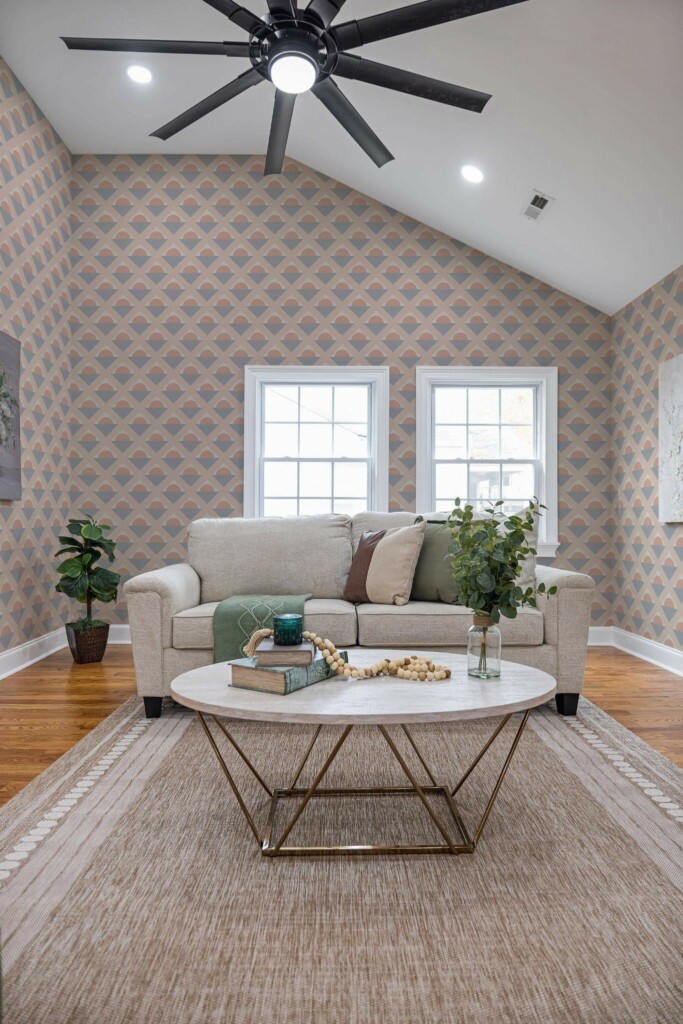 Scandinavian style living room decorated with Geometric sunset peel and stick wallpaper