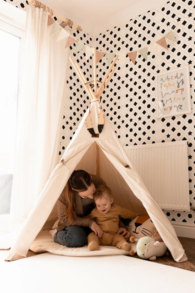 Bohemian style kids room decorated with Geometric symbols peel and stick wallpaper