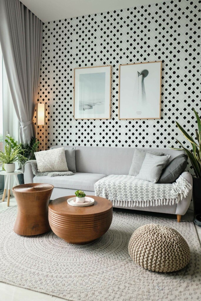 Modern scandinavian style living room decorated with Geometric symbols peel and stick wallpaper and green plants