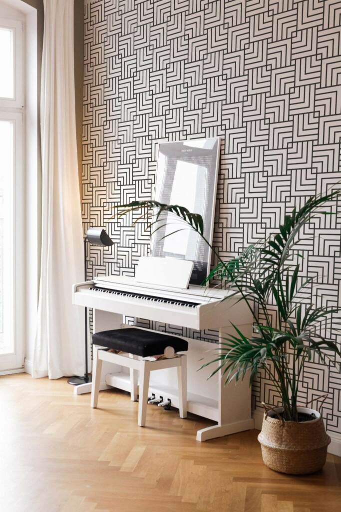 Modern style living room with a piano decorated with Geometric texture peel and stick wallpaper