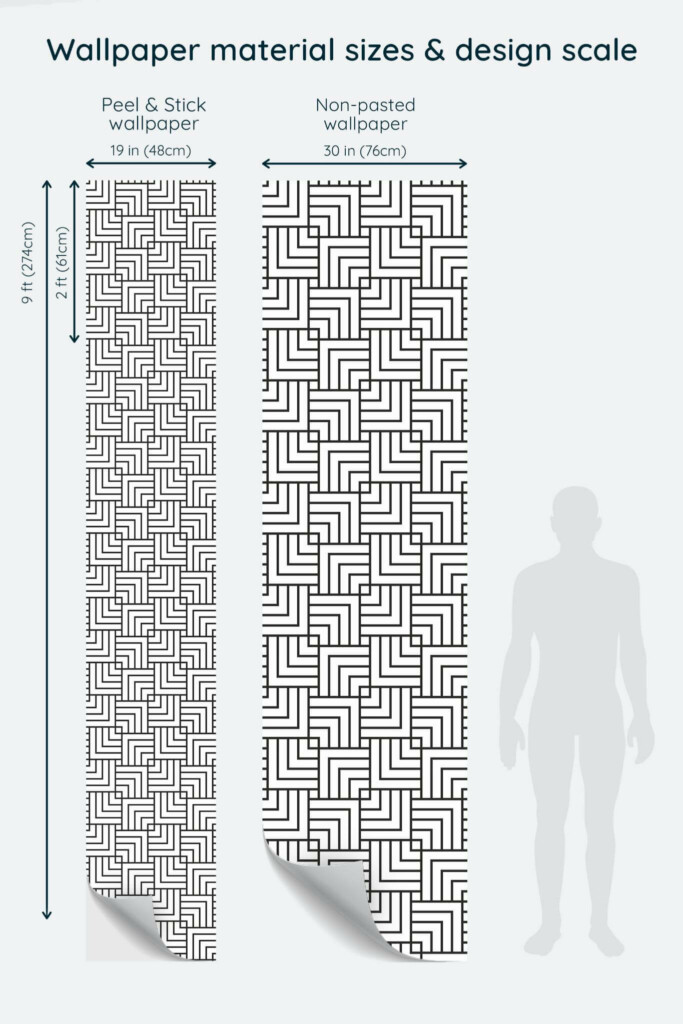 Size comparison of Geometric texture Peel & Stick and Non-pasted wallpapers with design scale relative to human figure