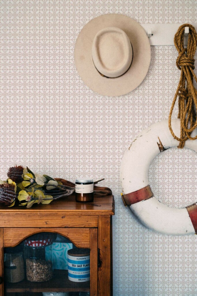 Coastal nautical style living room decorated with Geometric tile peel and stick wallpaper