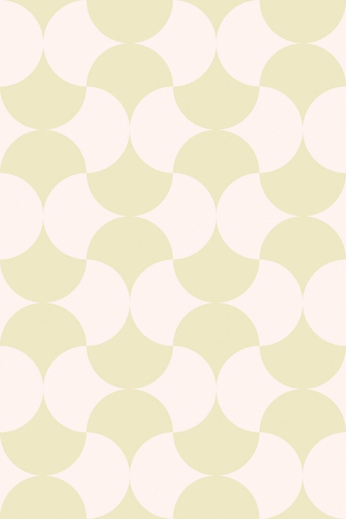 Close-up of Cozy Coffee Shop Classic wallpaper revealing curved mid-century shapes in beige and pastel green. The soothing color palette and rhythmic tile design are perfect for eclectic kitchen backsplashes or soft café-style spaces.