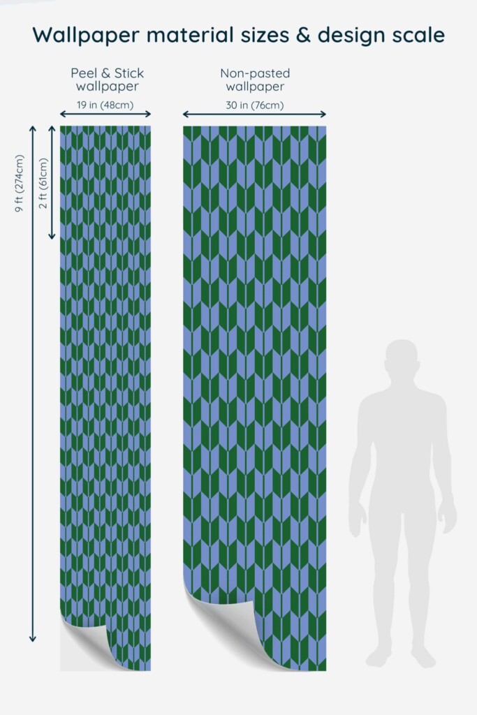 Product sheet showing the full roll of Herringbone Flow wallpaper in seamless repeat, demonstrating the precise vertical alignment of blue and green geometric shapes. Great for professional spaces, dining areas, or small businesses. Fancy Walls peel and stick or non-pasted wallpaper available in custom lengths.