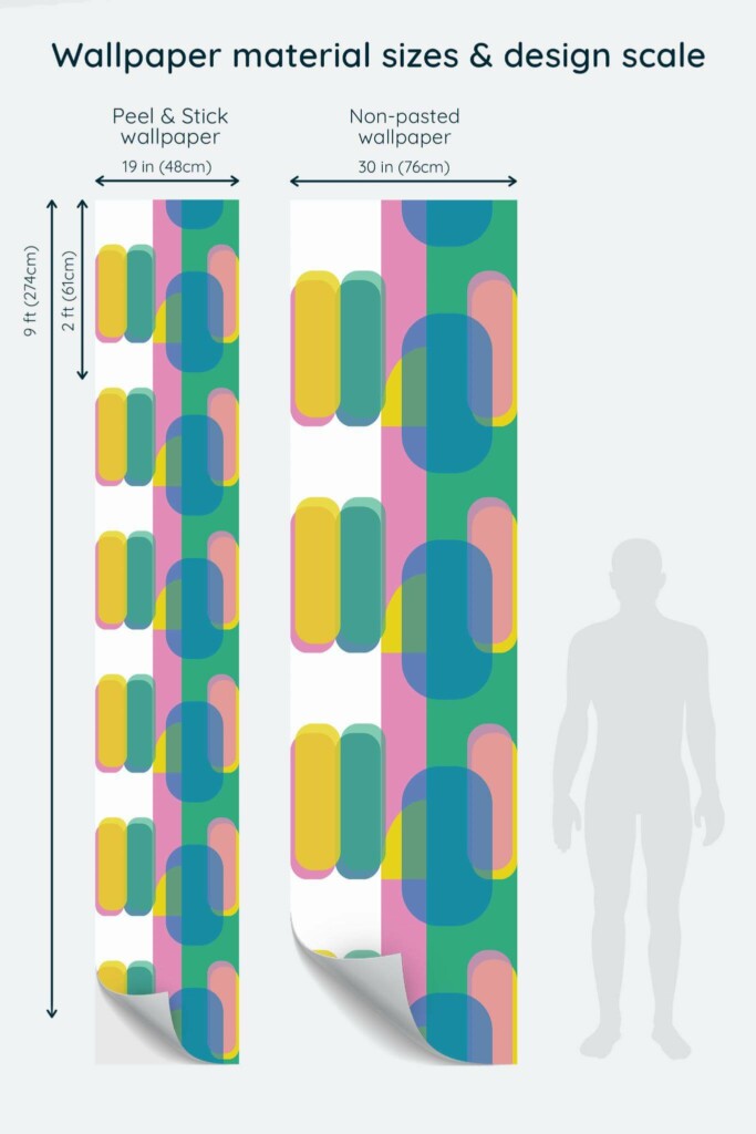 Size comparison of Geometric transparent Peel & Stick and Non-pasted wallpapers with design scale relative to human figure