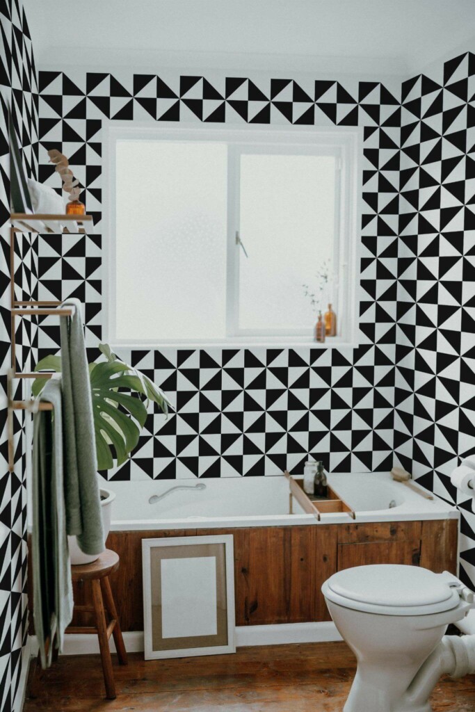 Boho farmhouse style bathroom decorated with Geometric triangle peel and stick wallpaper