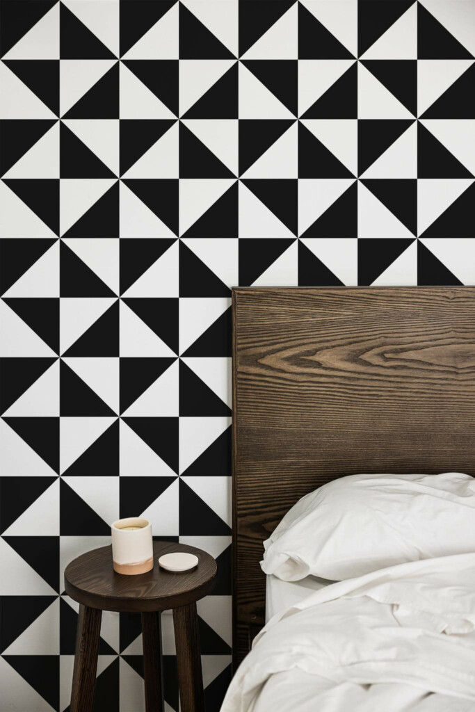 Farmhouse style bedroom decorated with Geometric triangle peel and stick wallpaper