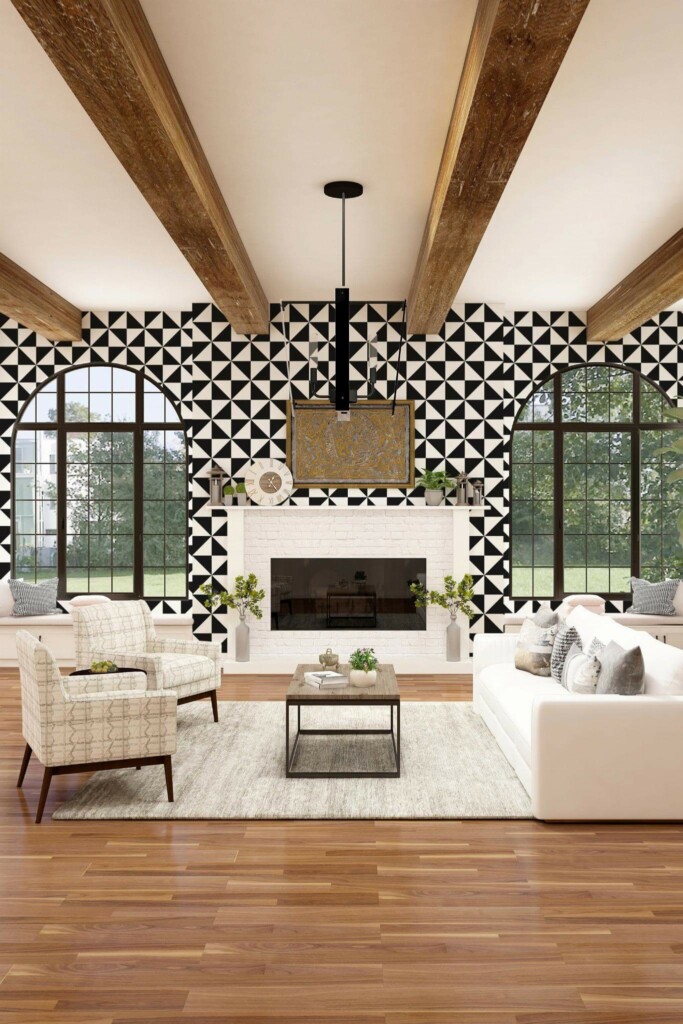 Light farmhouse style living room decorated with Geometric triangle peel and stick wallpaper