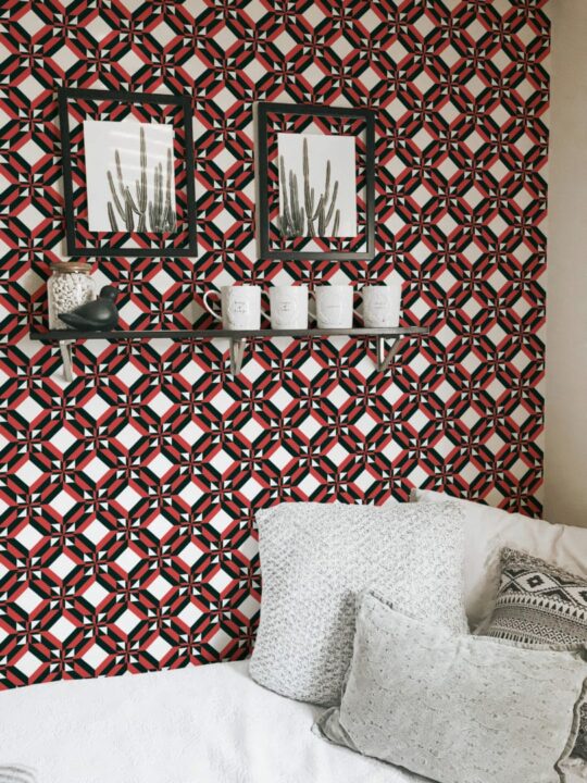 Red and black geometric ornament peel and stick removable wallpaper
