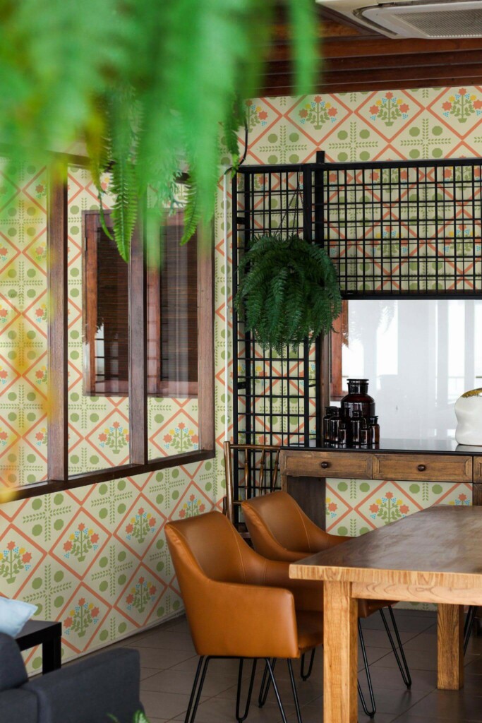 Mid-century modern style dining room decorated with Geometrical flowers peel and stick wallpaper and black industrial accents
