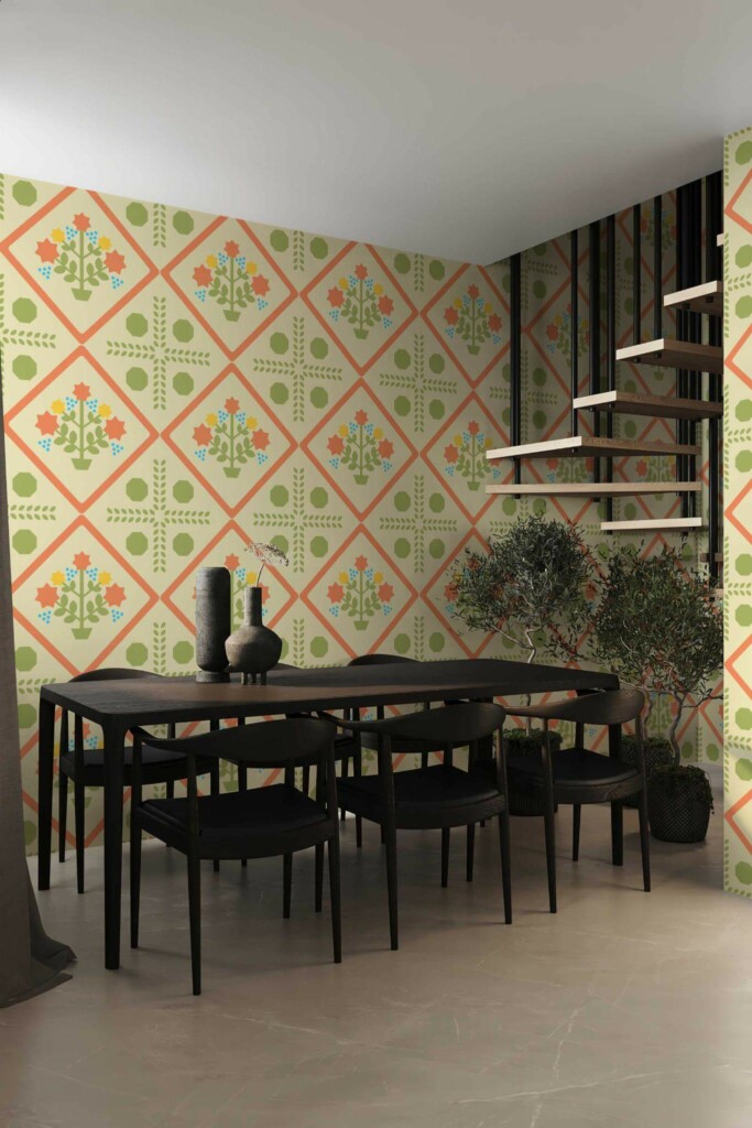 Modern industrial style dining room decorated with Geometrical flowers peel and stick wallpaper