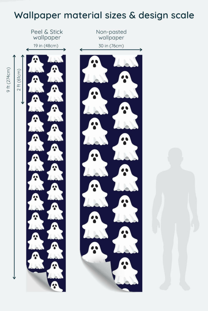Size comparison of Ghost Peel & Stick and Non-pasted wallpapers with design scale relative to human figure