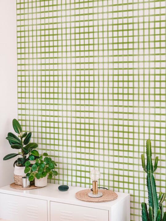 Watercolor green gingham peel stick wallpaper