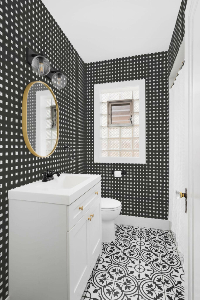 Minimal style bathroom decorated with Gingham peel and stick wallpaper