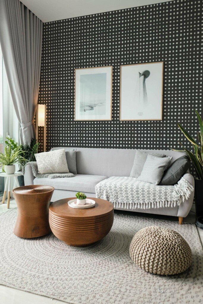 Modern scandinavian style living room decorated with Gingham peel and stick wallpaper and green plants