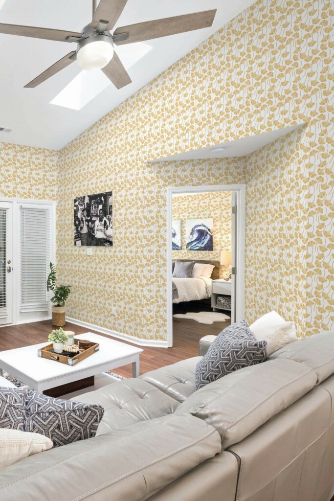 Coastal scandinavian style living room and bedroom decorated with Ginkgo peel and stick wallpaper