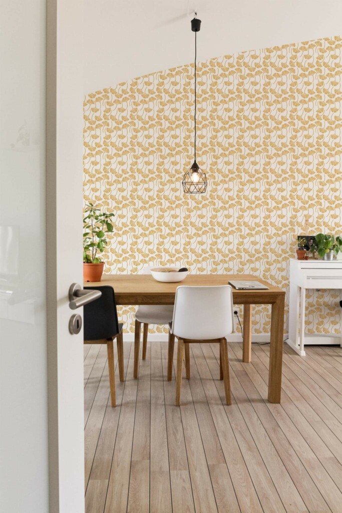 Minimal farmhouse style dining room decorated with Ginkgo peel and stick wallpaper