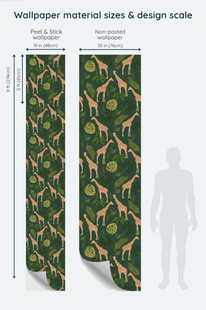 Size comparison of Giraffe Peel & Stick and Non-pasted wallpapers with design scale relative to human figure