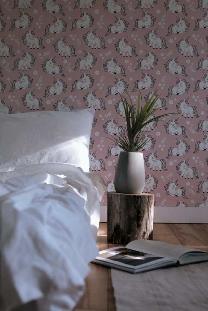 Minimal scandinavian style bedroom decorated with Girl nursery peel and stick wallpaper