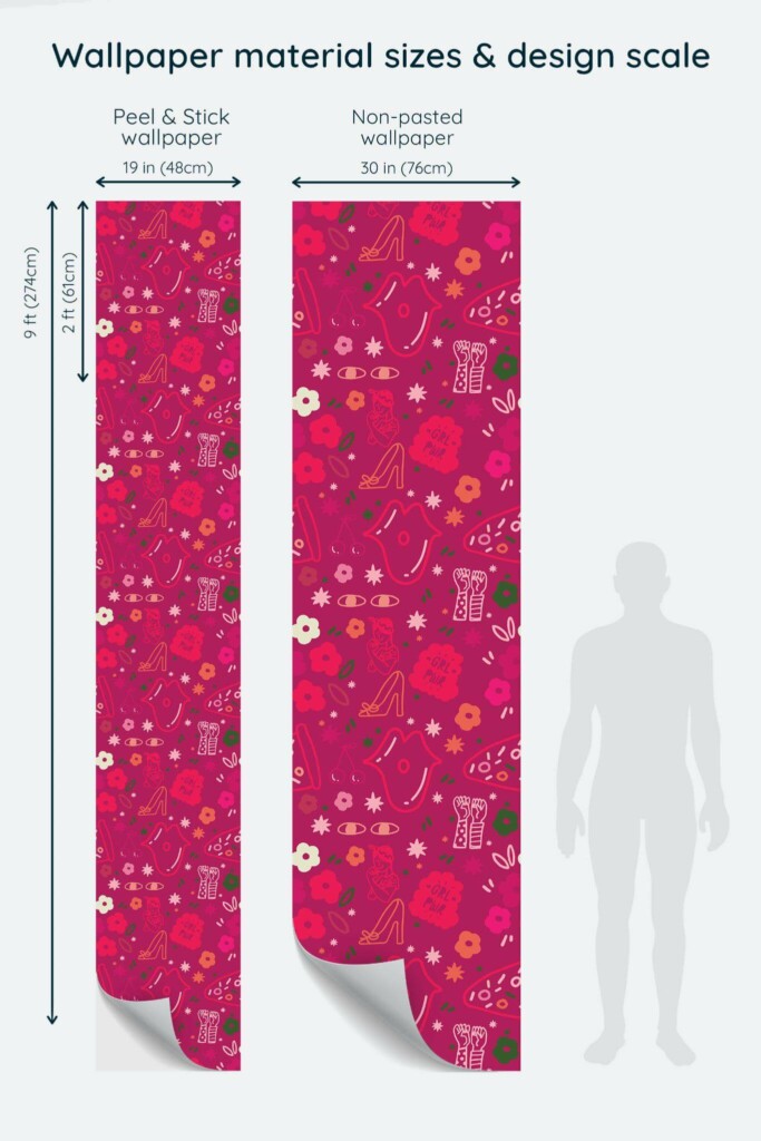 Size comparison of Girl power Peel & Stick and Non-pasted wallpapers with design scale relative to human figure