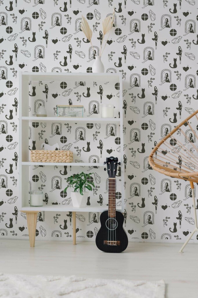 Minimal boho style living room decorated with Girly hand drawn peel and stick wallpaper