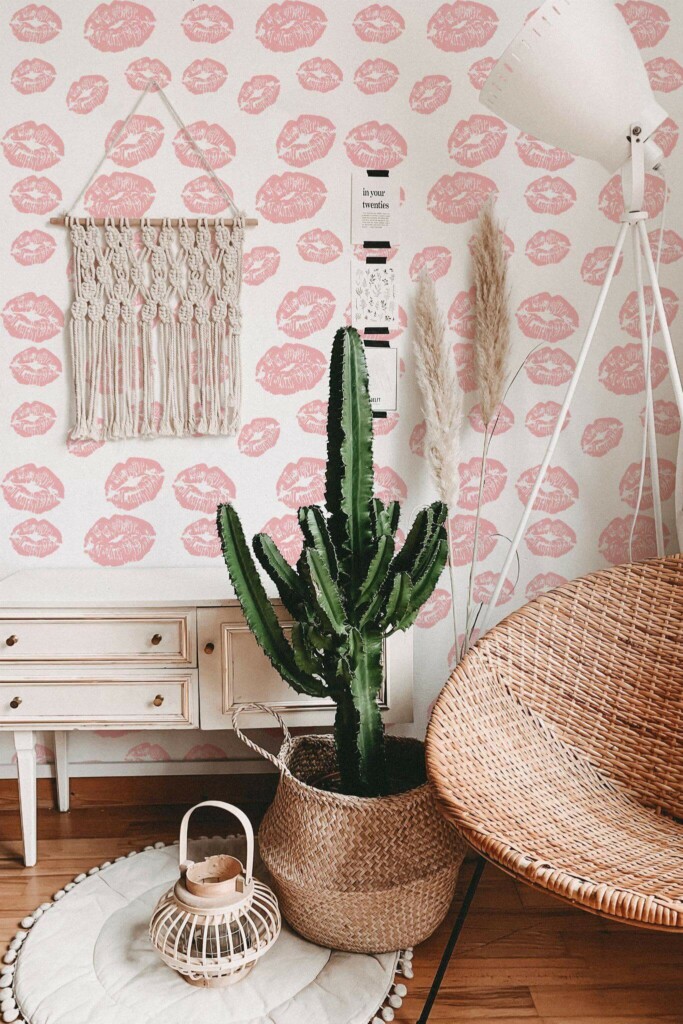 Bohemian style living room decorated with Girly pink kiss peel and stick wallpaper