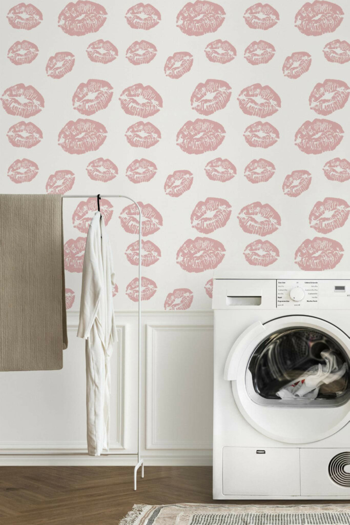 Minimal modern style laundry room decorated with Girly pink kiss peel and stick wallpaper