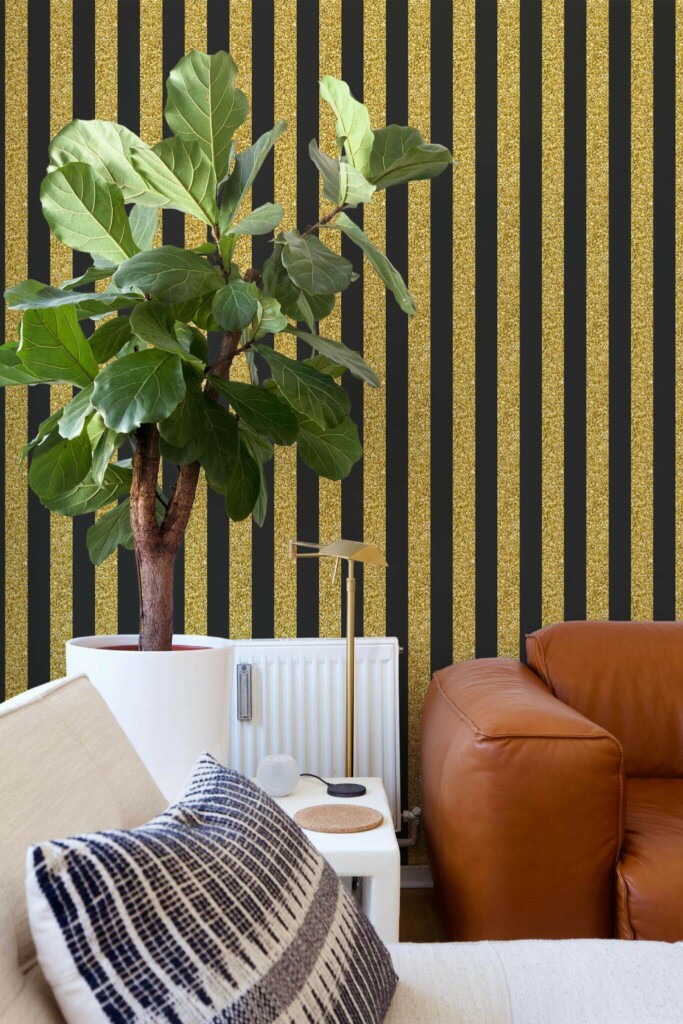 Mid-century style living room decorated with Glitter striped peel and stick wallpaper