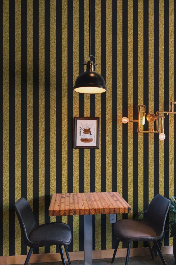 Rustic farmhouse style dining room decorated with Glitter striped peel and stick wallpaper