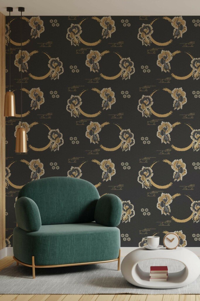 Contemporary style living room decorated with Gold and black fish peel and stick wallpaper