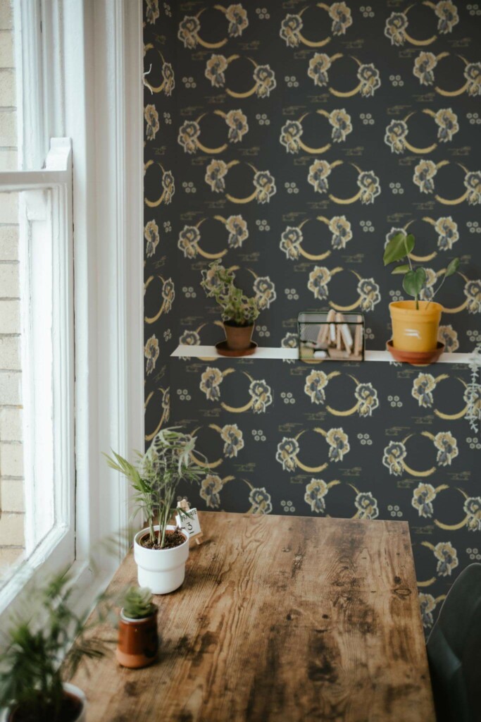 Farmhouse style home office decorated with Gold and black fish peel and stick wallpaper