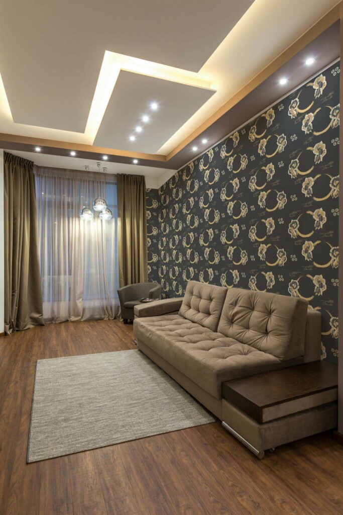 Modern Eastern European style living room decorated with Gold and black fish peel and stick wallpaper