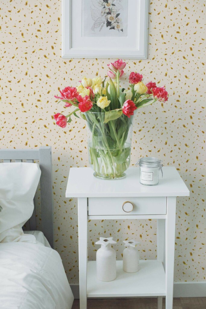 Farmhouse style bedroom decorated with Gold color confetti peel and stick wallpaper