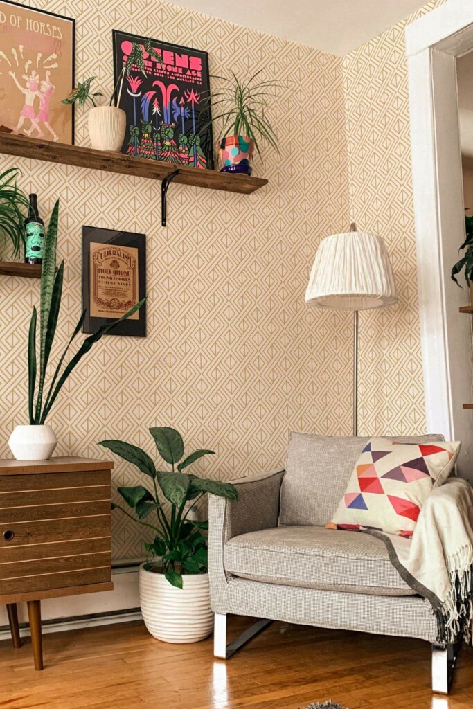 Eclectic style living room decorated with Gold geometric peel and stick wallpaper