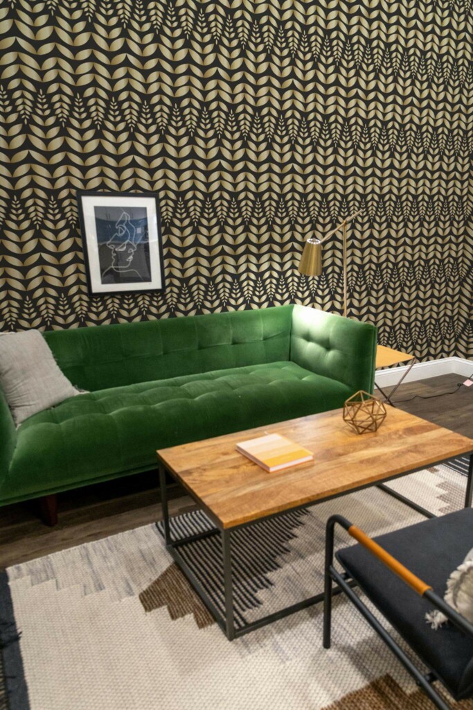 Mid-century modern living room decorated with Gold scandinavian leaf peel and stick wallpaper and forest green sofa
