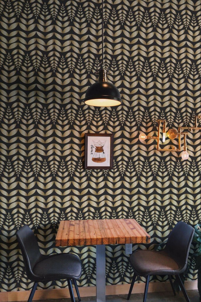 Rustic farmhouse style dining room decorated with Gold scandinavian leaf peel and stick wallpaper