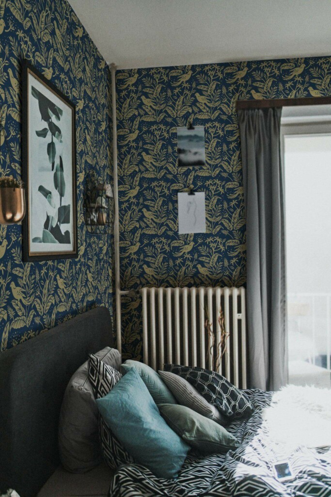 Dark scandinavian style bedroom decorated with Golden Bird peel and stick wallpaper