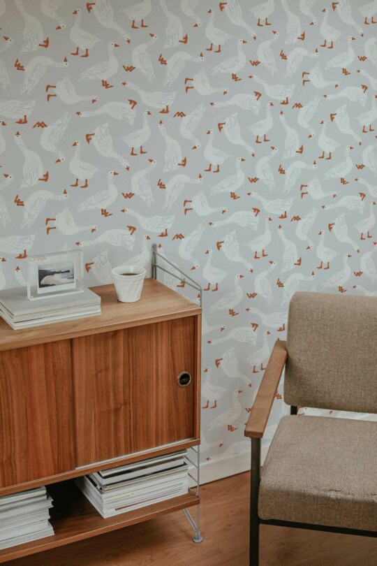Mid-century style living room decorated with Goose pattern peel and stick wallpaper