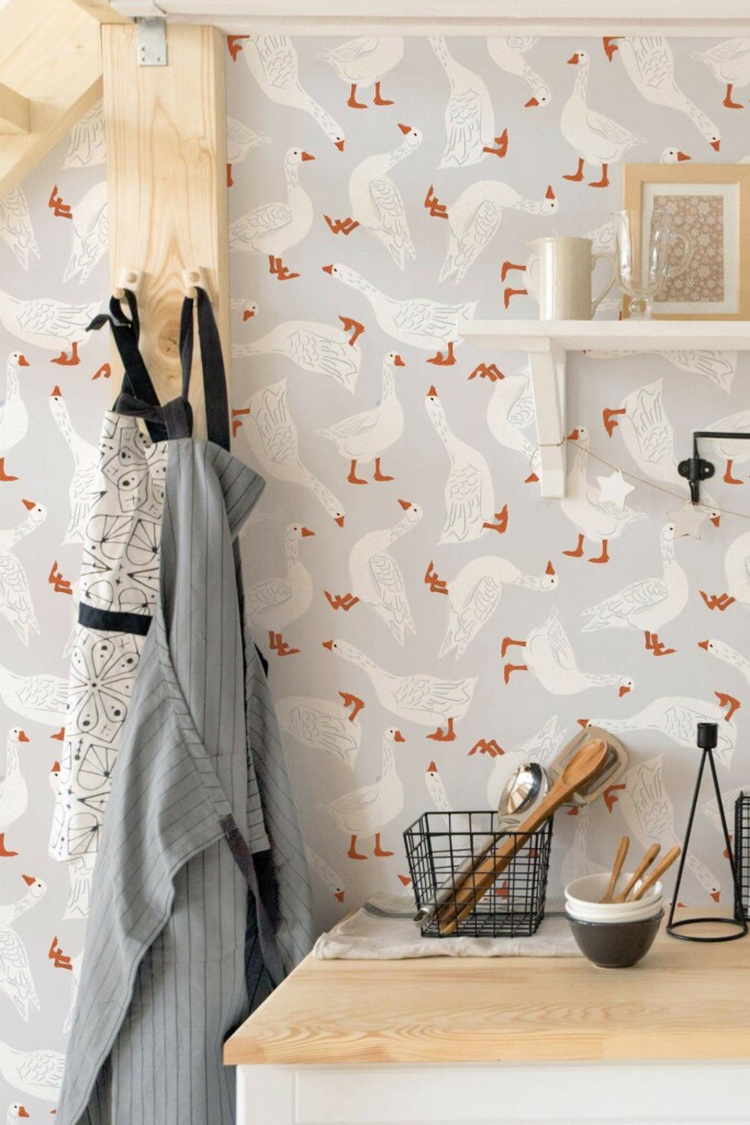 Minimal scandinavian style kitchen decorated with Goose pattern peel and stick wallpaper