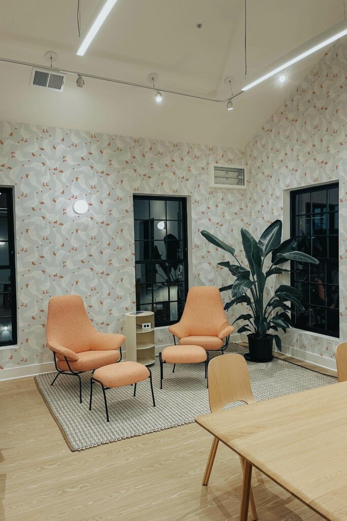 Minimal style living room decorated with Goose pattern peel and stick wallpaper and mid-century style chairs