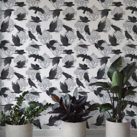 Damask pattern with crows and ravens in gothic style. Fancy walls peel and stick removable or non-pasted wallpapers