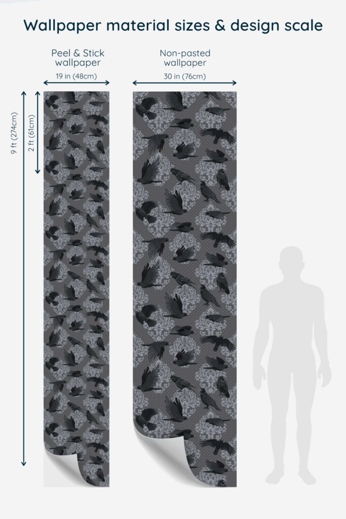 Fancy Walls self-adhesive wallpaper featuring dark birds on a dotted gray pattern