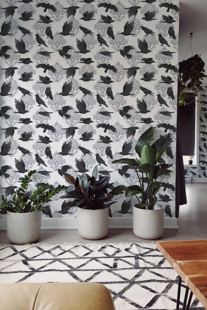 Removable wallpaper Damask Raven Dance featuring flying ravens on a white background by Fancy Walls