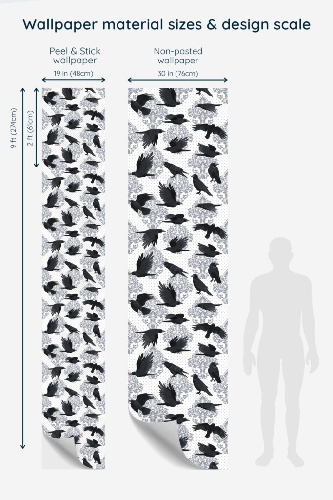 Traditional wallpaper with gothic ravens and damask flourishes by Fancy Walls