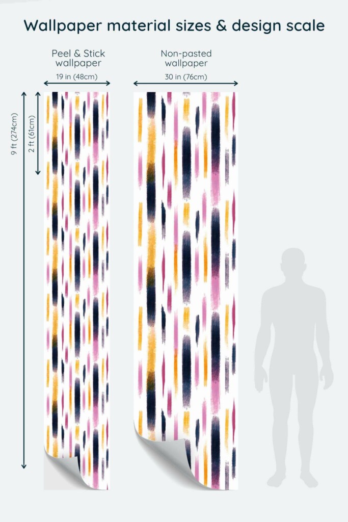 Size comparison of Gradient brush stroke Peel & Stick and Non-pasted wallpapers with design scale relative to human figure